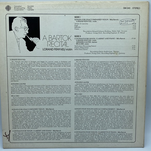 A Barton Recital Canadian Broadcasting Corporation SM 240 Vinyl Record Album LP - Picture 5 of 10